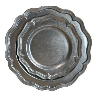 Vintage Pewter Like Charger Plate Set Scalloped Edge Pub Restaurant Ware For Sale