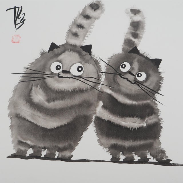 Laszlo Tibay, Pair of cats, Ink and Wash For Sale - Image 5 of 5