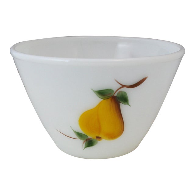 Vintage Traditional Hand Painted Gay Fad Studios Fire King 7.5" Milk Glass Bowl Fruit Pattern For Sale