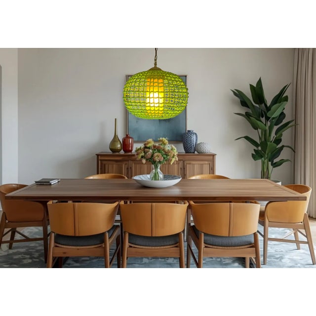 Vintage Rattan Green Globe Oange Glass Shade Pendant Light For Sale - Image 11 of 18