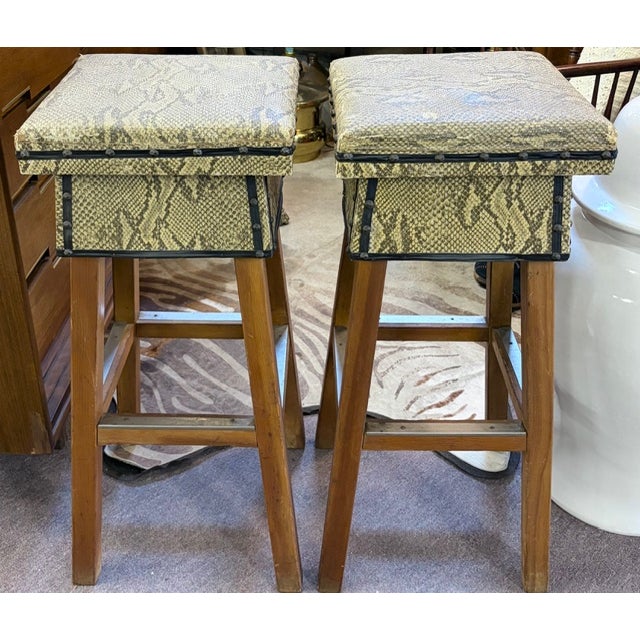 Mid Century Faux Snakeskin Upholstered Wood Stools - Signed For Sale In New York - Image 6 of 15
