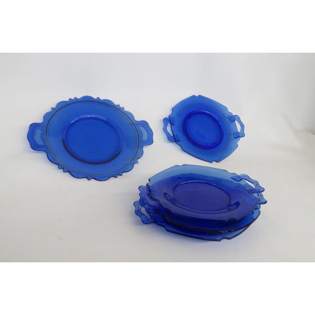 Blue Early 20th Century Le Smith Mount Pleasant Cobalt Blue Glass Plates With Handles Set of Five For Sale - Image 8 of 18