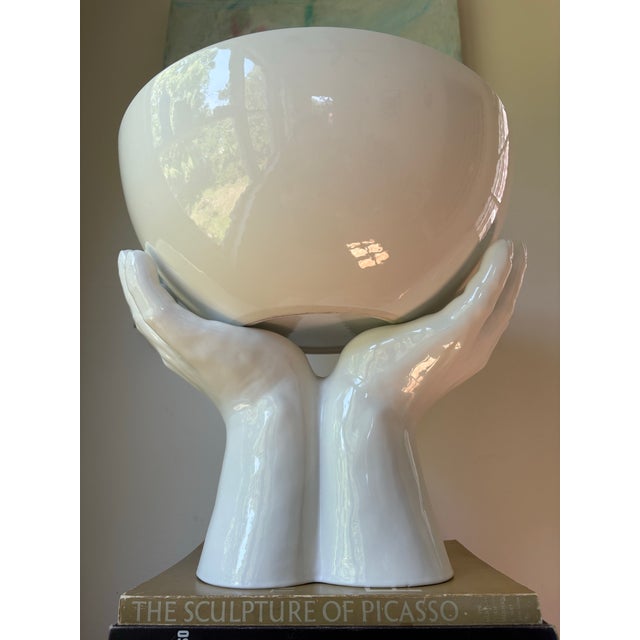 Monumental Vintage Italian White Ceramic Hands Bowl Sculpture, Made in Italy For Sale - Image 4 of 11