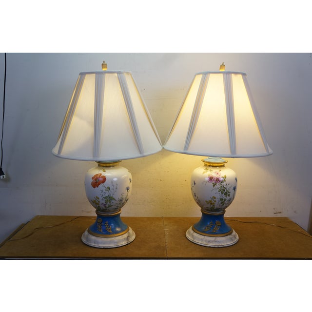 2 Antique French Floral Painted Butterfly Ginger Jar Mantel Urn Lamps Pair 34" For Sale - Image 17 of 18