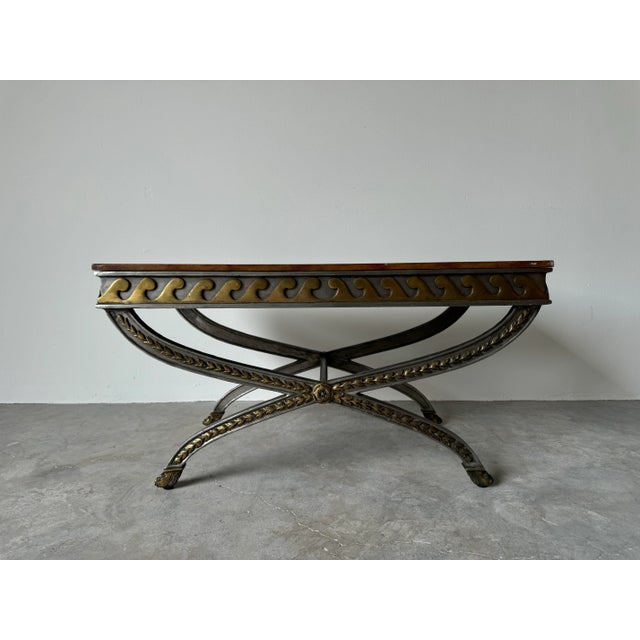 Hollywood Regency Style Brass & Leather Cocktail Table With X-Base For Sale - Image 10 of 12