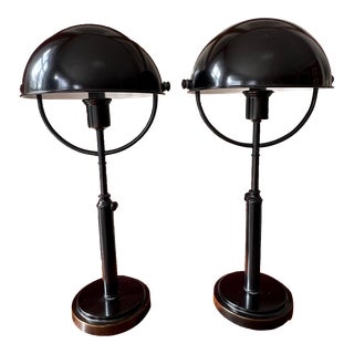 Pair Black Ralph Lauren Style Metal Table Lamps Adjustable Dome For Sale