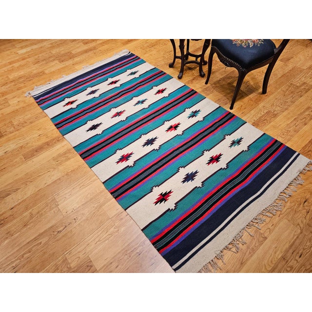 Vintage American Southwestern Kilim, Handwoven Wool, Stripe Pattern, Ivory & Green, 4x8 For Sale - Image 15 of 16