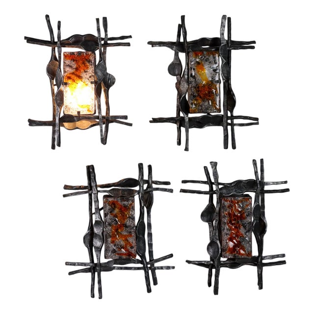 Vintage Wall Lamps in Glass and Wrought Iron, 1950s For Sale
