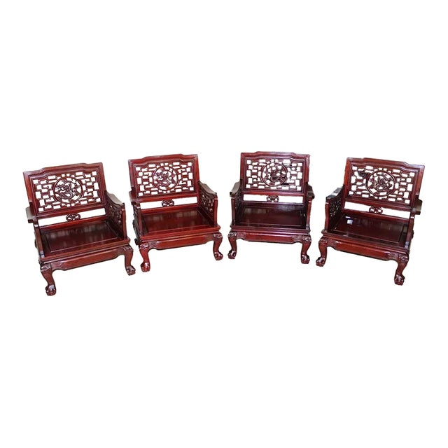 Imperial Dragon Motif Arm Chair With Foo Dog on Legs & Ball & Claw Feet Rosewood - Set of 4 For Sale