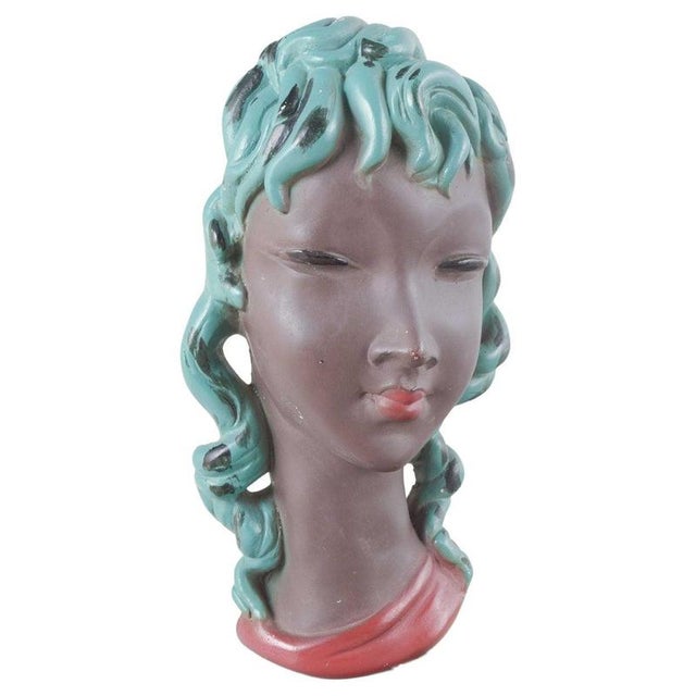 Mid-Century Ceramic Bust of Woman with Turquoise Hair by Gino Manca For Sale - Image 5 of 5