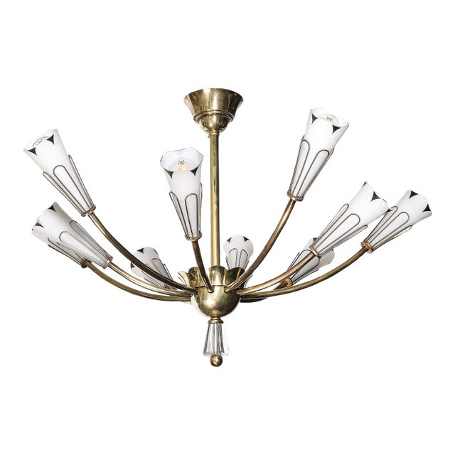 Mid-Century Tulip Form Chandelier in Brass & Frosted Glass W/ Enamel Detailing For Sale