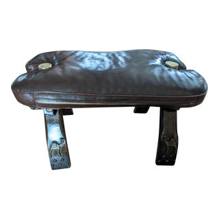 Antique Ottoman Egyptian Camel Saddle Leather Wood Brass Camel Foot Stool For Sale