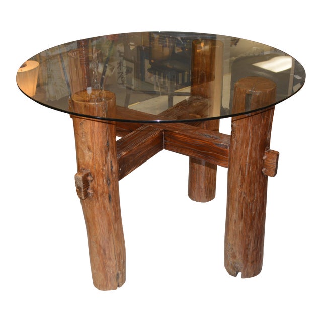 1980s Vintage Log Wood Dining Table With Criss Cross BaseRound Glass Top For Sale