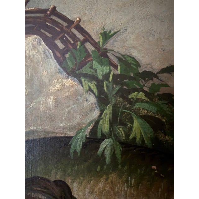 1918 Rectangular Landscape Signed Rustic Still Life With Fish and Basket Oil Painting For Sale In New York - Image 6 of 8