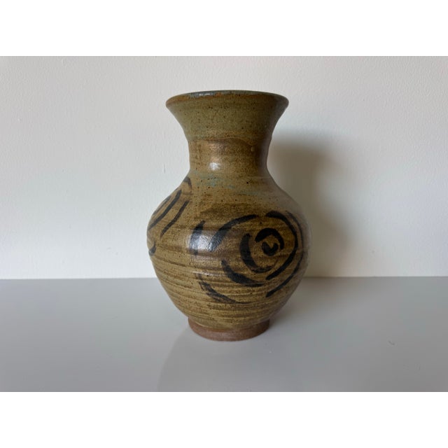 Vintage Organic Abstract Studio Pottery Vase With Hand-Painted Swirl Motif, Signed For Sale In Miami - Image 6 of 11
