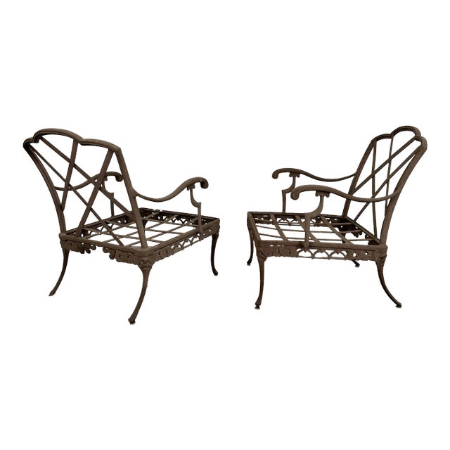 Mid 20th Century Woodard Outdoor Iron Lounge Chairs With Cast Metal Ottomans, Attributed, 4 Pieces For Sale