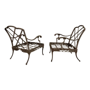 Mid 20th Century Woodard Outdoor Iron Lounge Chairs With Cast Metal Ottomans, Attributed, 4 Pieces