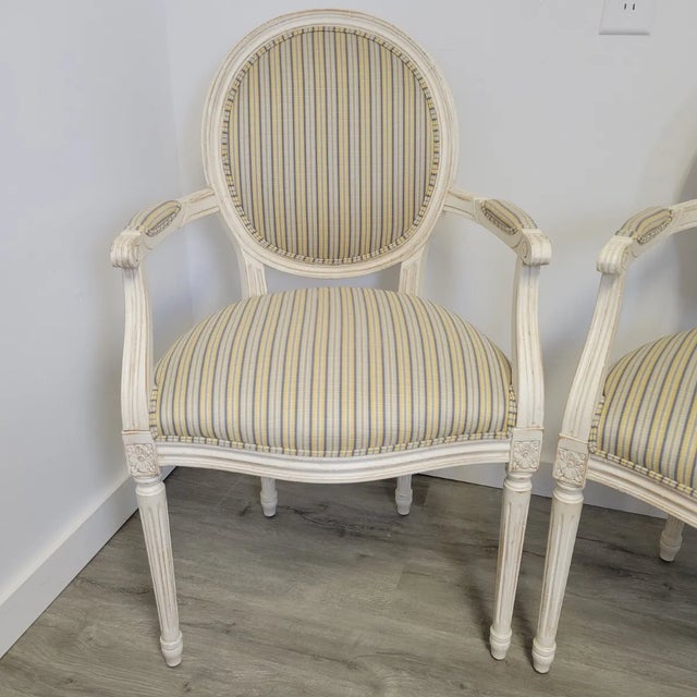 2000 - 2009 Ethan Allen Louis XVI French Striped Style Oval Back Armchairs in Distressed White Finish For Sale - Image 5 of 13