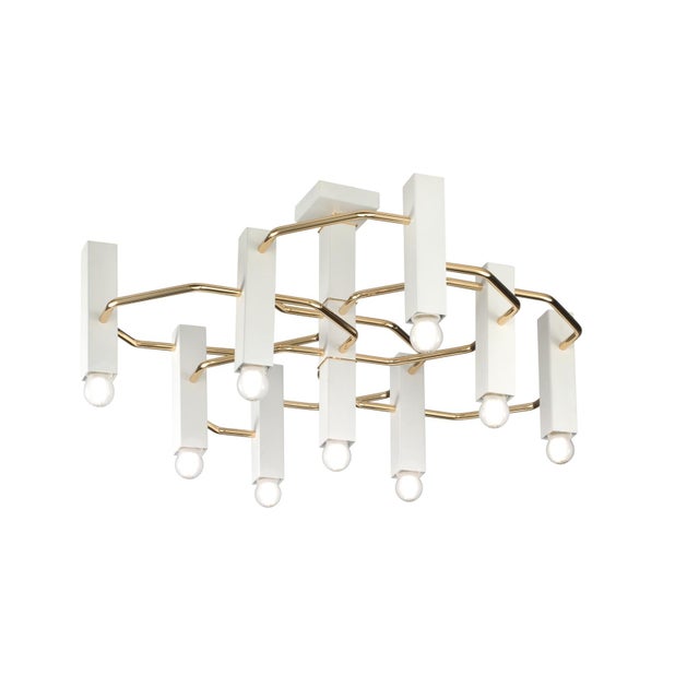 Italian geometric flush mount or chandelier with 9 white square bulb holders interconnected with metal tubes in glossy...