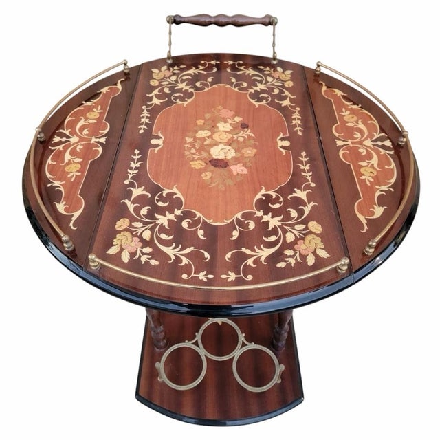 Brown Vintage Italian Marquetry Two Tier Drop-Leaf Dessert/Bar Cart Trolley For Sale - Image 8 of 12