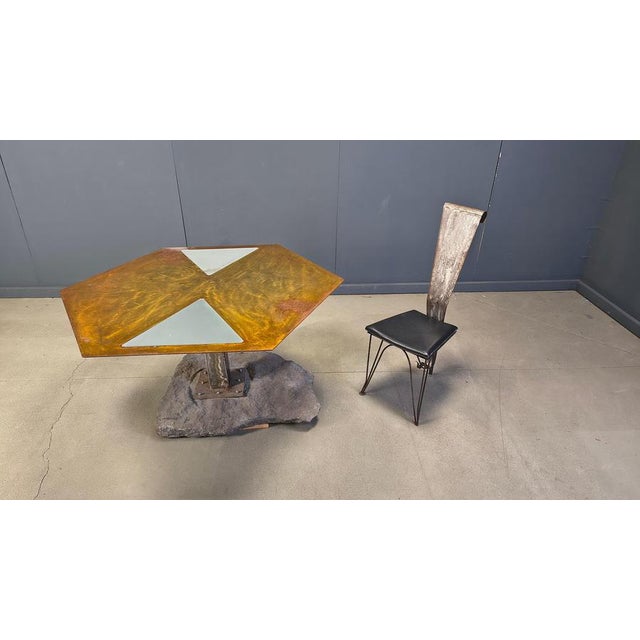 Hand Crafted Steel and Stone Dining Set with Glass, 1970s, Set of 5 For Sale - Image 12 of 18
