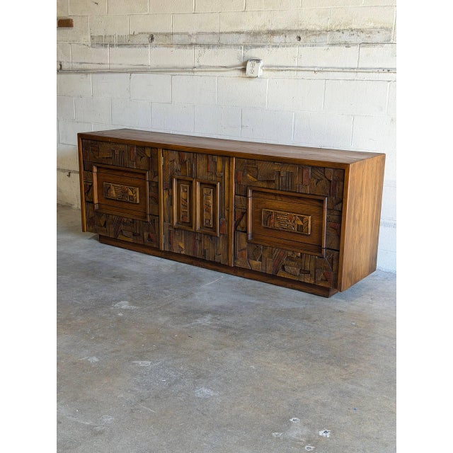 Lane Oak Credenza Brutalist Wooden Sideboard Large Storage Mid-Century Modern 1970s For Sale - Image 9 of 10