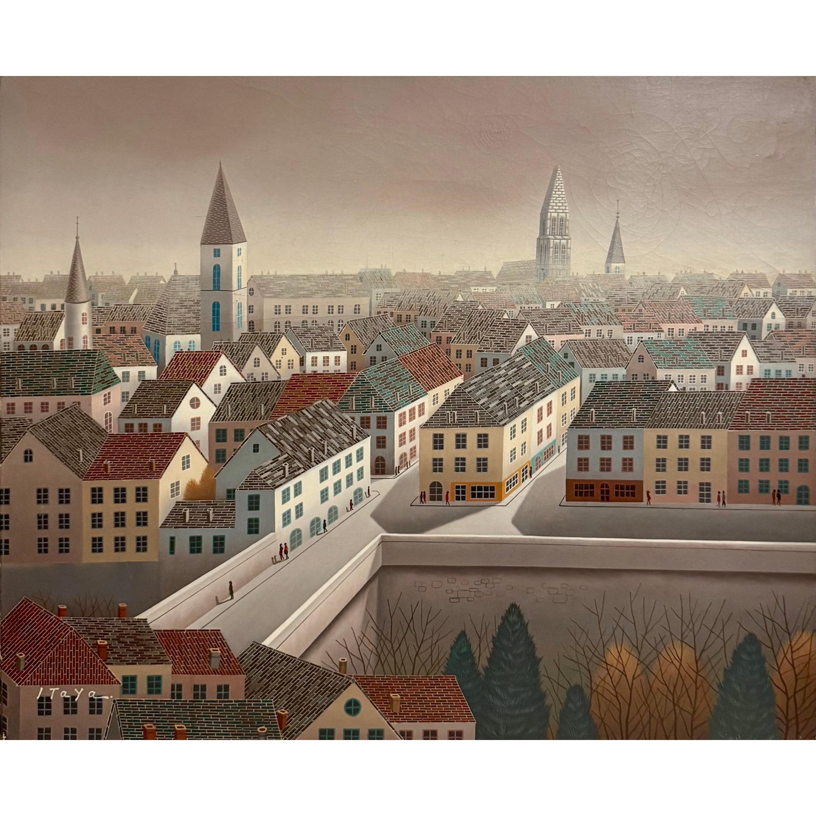 Foussa Itaya, Large Surrealist French Japanese European Cityscape Oil ...
