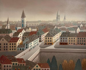Foussa Itaya, Large Surrealist French Japanese European Cityscape Oil painting Foussa Itaya, c.1950's