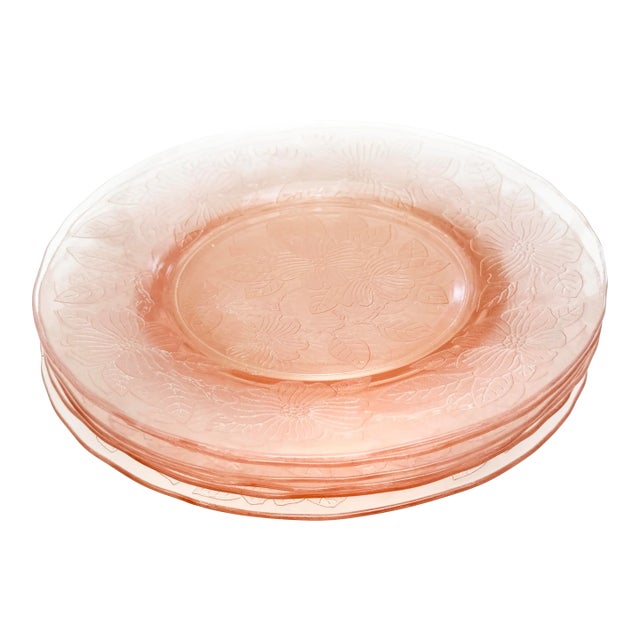 1930's Art Deco Macbeth-Evans Pale Pink Dog Wood Floral Glass Plates - 6 Pieces For Sale