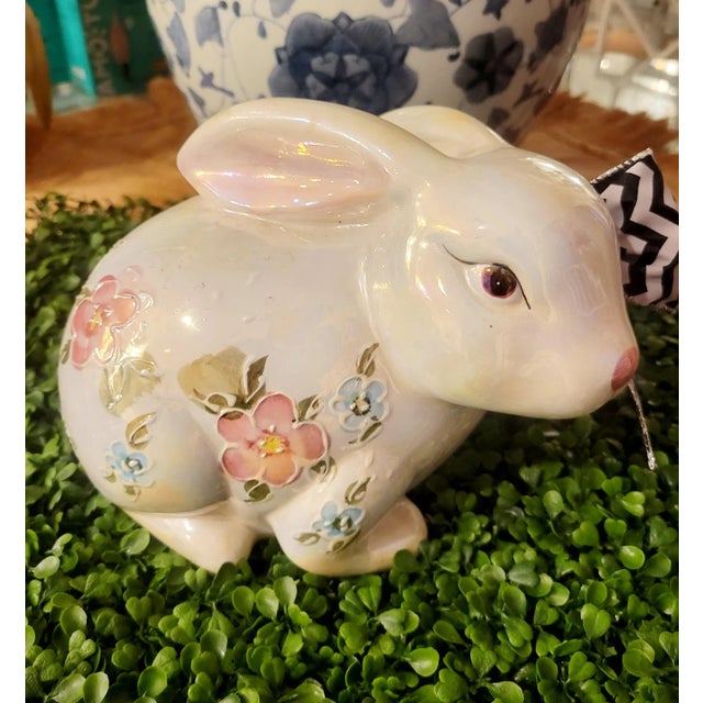 Fitz and Floyd Vintage Ceramic Raised Floral Black White Bow Tie Bunny Rabbit Statue Room Decor For Sale - Image 4 of 9
