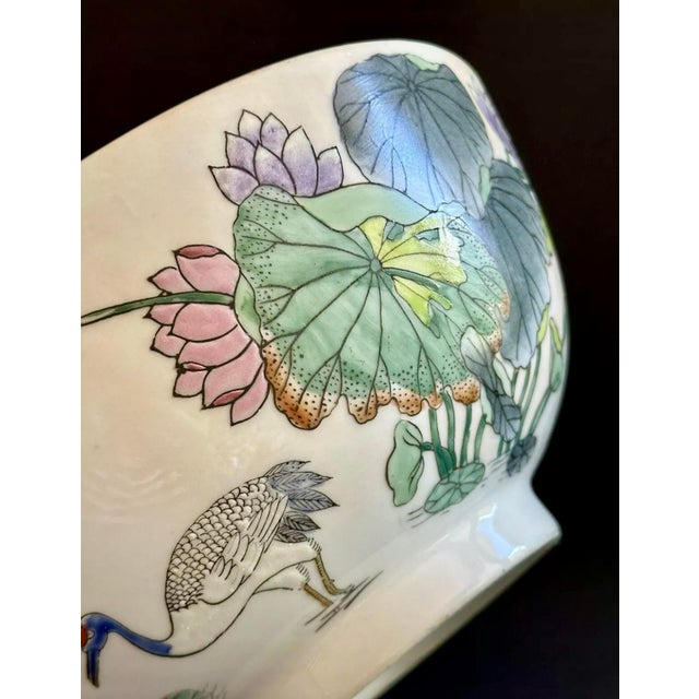 Ceramic Vintage Chinese Bowl W/ Hand Painted Lotus Flowers & Cranes For Sale - Image 7 of 12