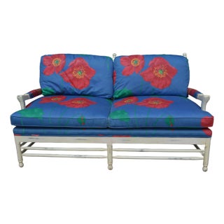 1980s Michael Thomas White Wood Framed Loveseat Sofa W/ Vibrant Blue & Red Poppies Upholstery For Sale