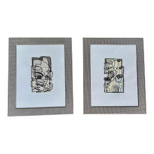 Contemporary Two Original Wayne Cunningham Abstract Marker Drawings - A Pair