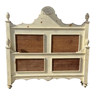 Vintage French Coastal Whitewashed Queen Bedframe Shell Detail With Pineapple Finials and Rattan Caning For Sale