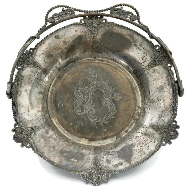 Rustic Rustic Antique Silver-Plate Bride's Basket W/ "B" Monnogram For Sale - Image 3 of 5