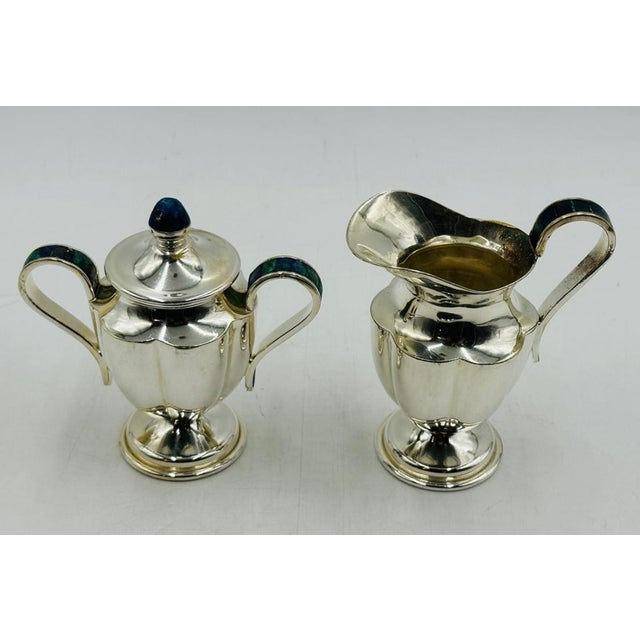 1960s Los Castillo Taxco Silver Azurite Malachite Creamer Sugar Tray Set, Mexican Mod For Sale - Image 11 of 18
