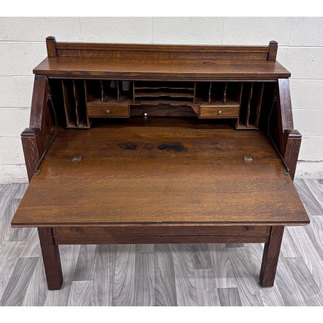 Antique Cron-Kills Co. Arts & Crafts Mission Tiger Oak Secretary Desk For Sale - Image 9 of 13
