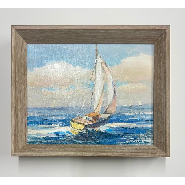 Wood Sailboat Seascape Waves Original Oil on Canvas, by Alton (Framed) For Sale - Image 7 of 9