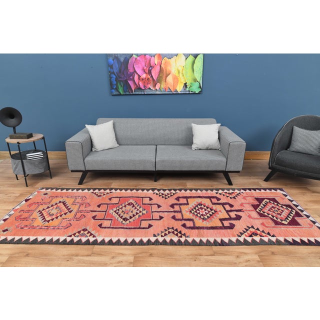 1970s Vintage Handmade Wool Cotton Pink Runner Rug For Sale - Image 4 of 11