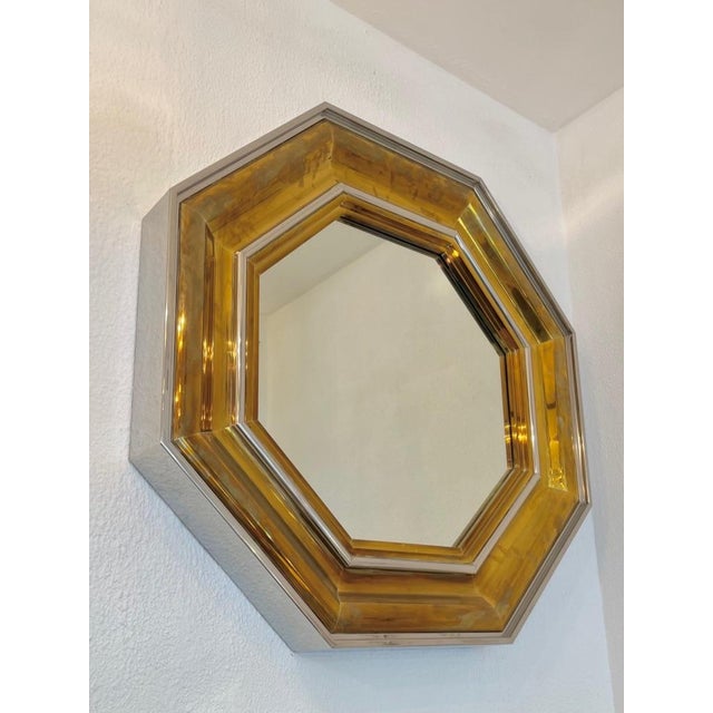 Monumental Octagonal Mirror in Chromed Steel and Brass attributed to Sandro Petti for Maison Jansen, Italy, 1970, in Very...