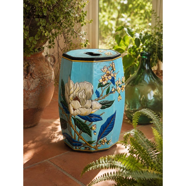 An exceptional and highly decorative octagonal ceramic garden stool or plant stand dating from the late 19th century. This...