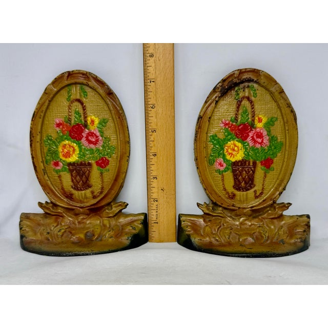 1920’s Cast Iron Bookends Handpainted Enamel Finish Oval Shape Basket Filled With Flowers Motif - A Pair For Sale - Image 9 of 12
