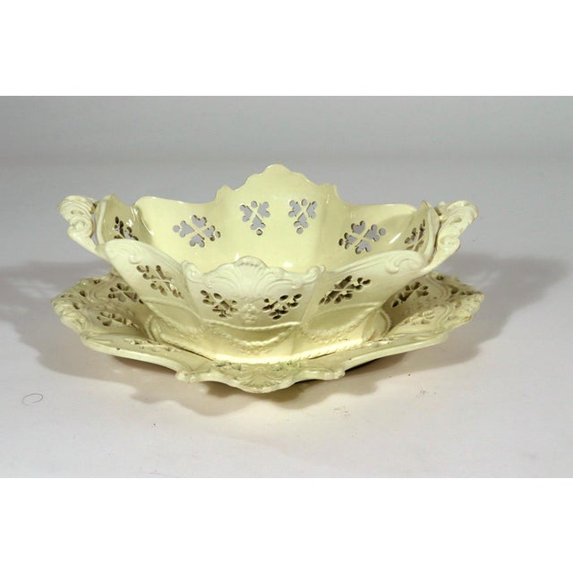 English Creamware Rococo Fruit Baskets and Stands, Pair, Pierced and Shell-Molded For Sale - Image 14 of 18