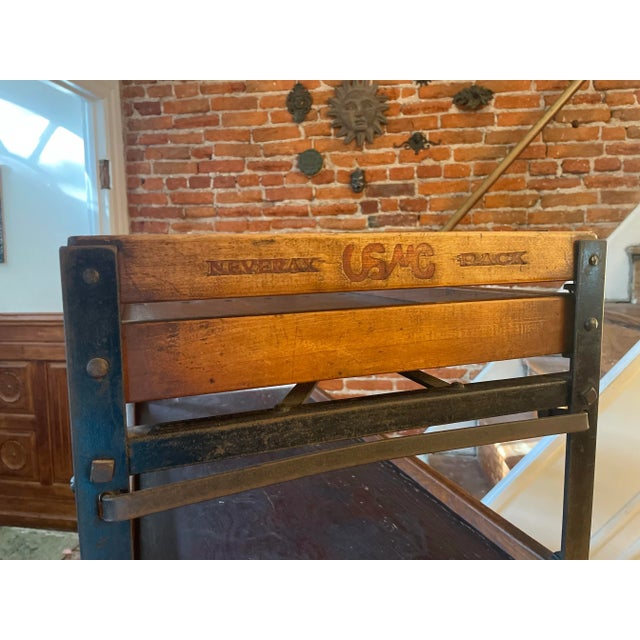 Wood Antique Industrial Neverax Wood and Iron Rolling Open Shelving Unit For Sale - Image 7 of 9