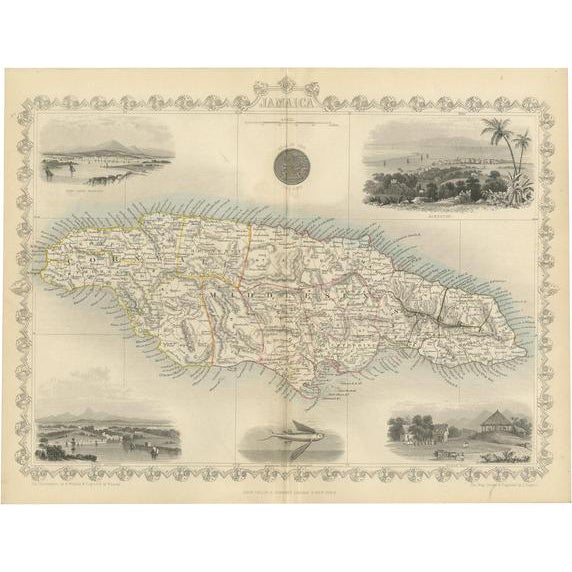 Historical Tallis Map of Jamaica with Decorative Vignettes, 1851 For Sale