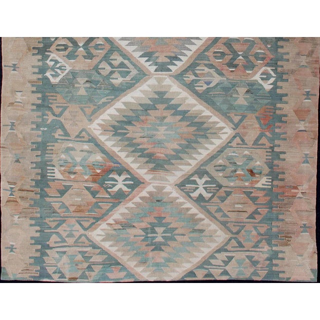 Tribal Vintage Turkish Kilim Rug in Soft Blue, Beige, and Muted Coral Geometric Design For Sale - Image 3 of 13