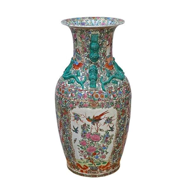 Chinoiserie Chinese Hand Made Pink Turquoise House People Scenery Graphic Vase For Sale - Image 3 of 10