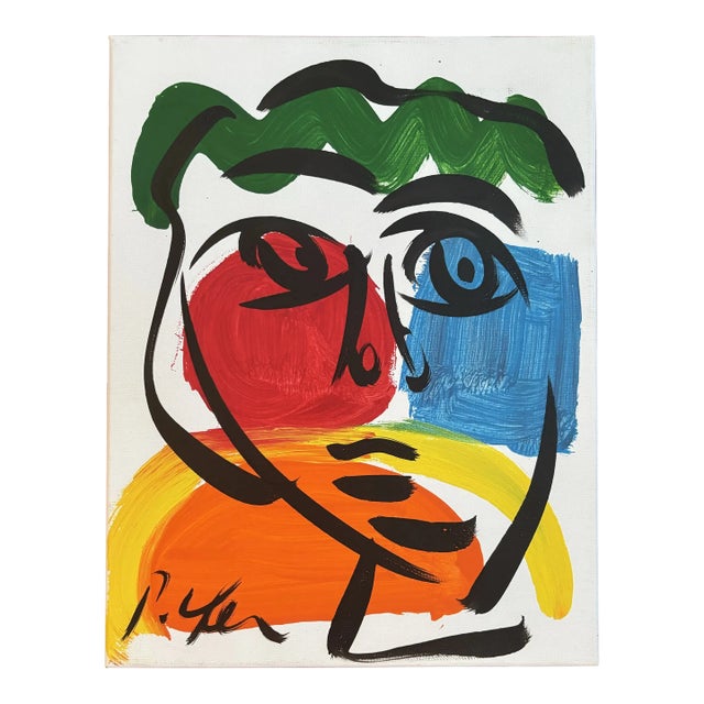 Abstract Geometric Portrait Painting on Canvas, Peter Keil For Sale