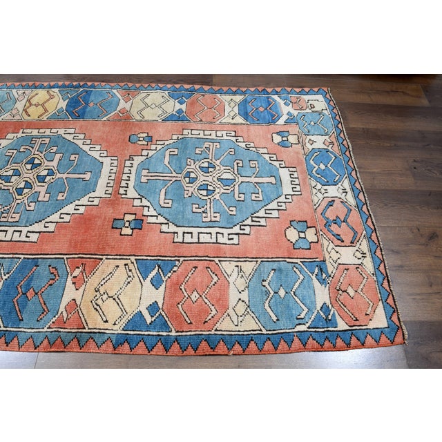 Textile 1970s Vintage Turkish Handmade Wool Cotton Orange Blue Area Rug For Sale - Image 7 of 11