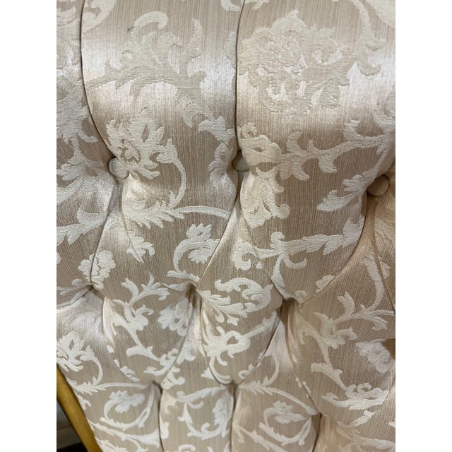 Textile Early 20th Century French Louis XV Style Pair of Gilded Gold Creme Tufted Chairs For Sale - Image 7 of 12